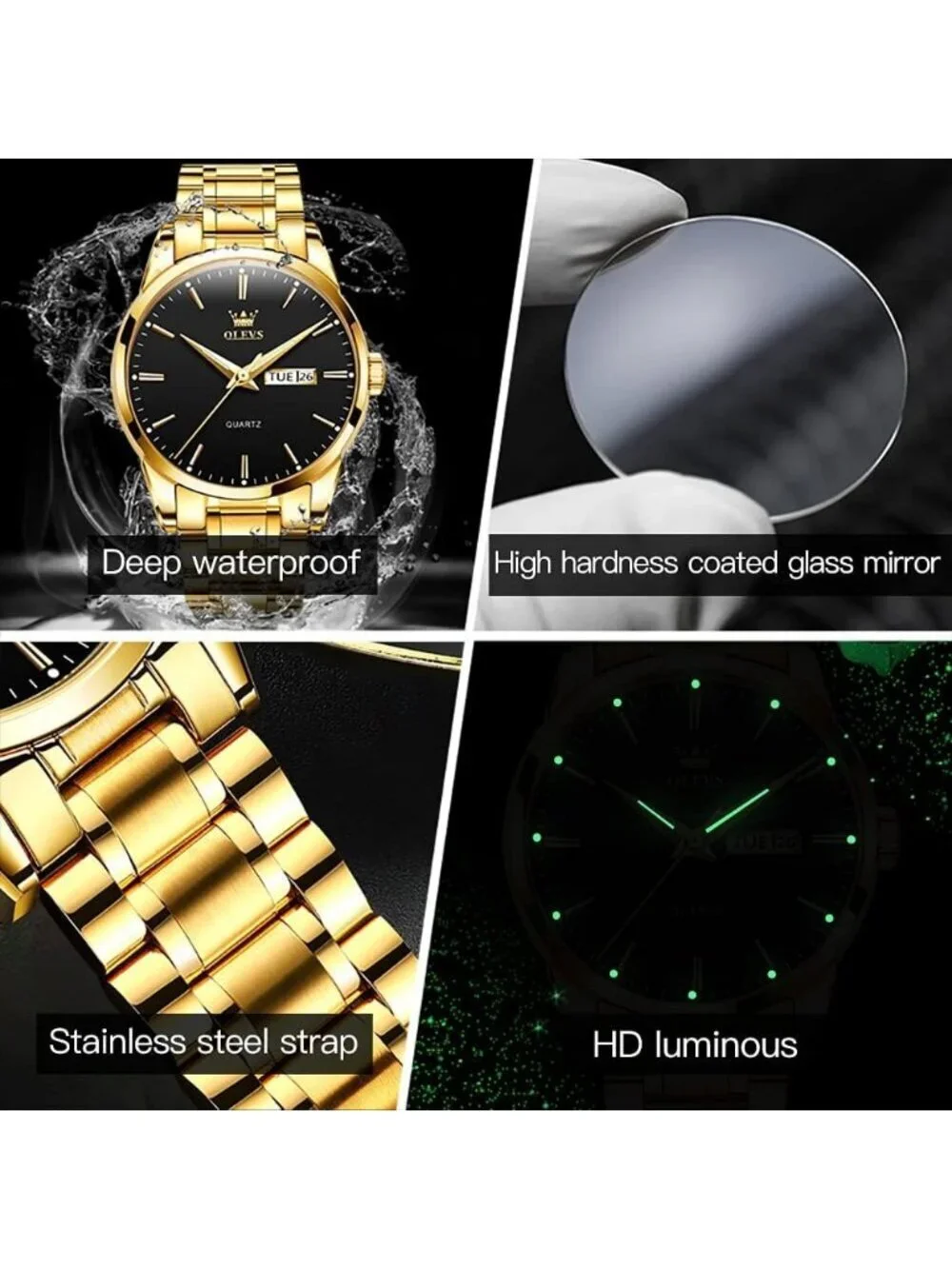 Men's Gold Black Stainless Steel Luminous Quartz Waterproof Round Classic Watch